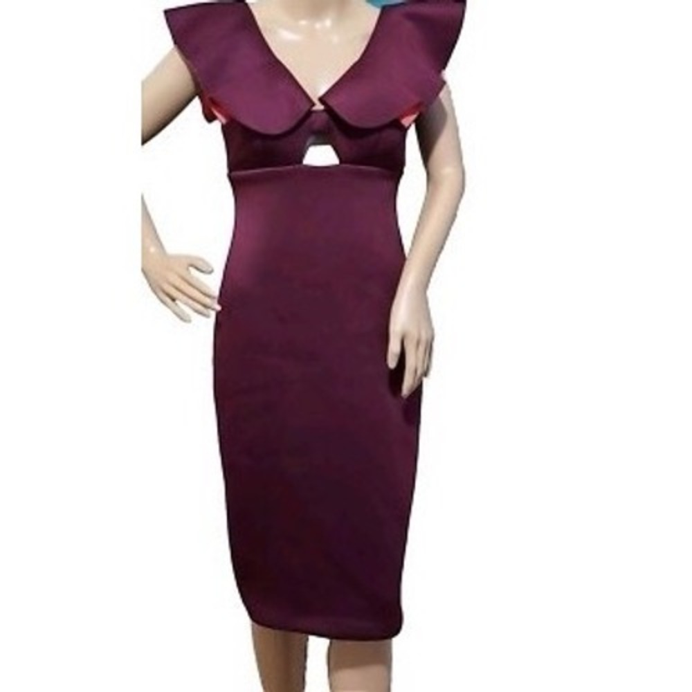 Gianni Bini Miranda Dress Raisin Rust Burgundy Ruffle Cutout Midi Sheath Size 8